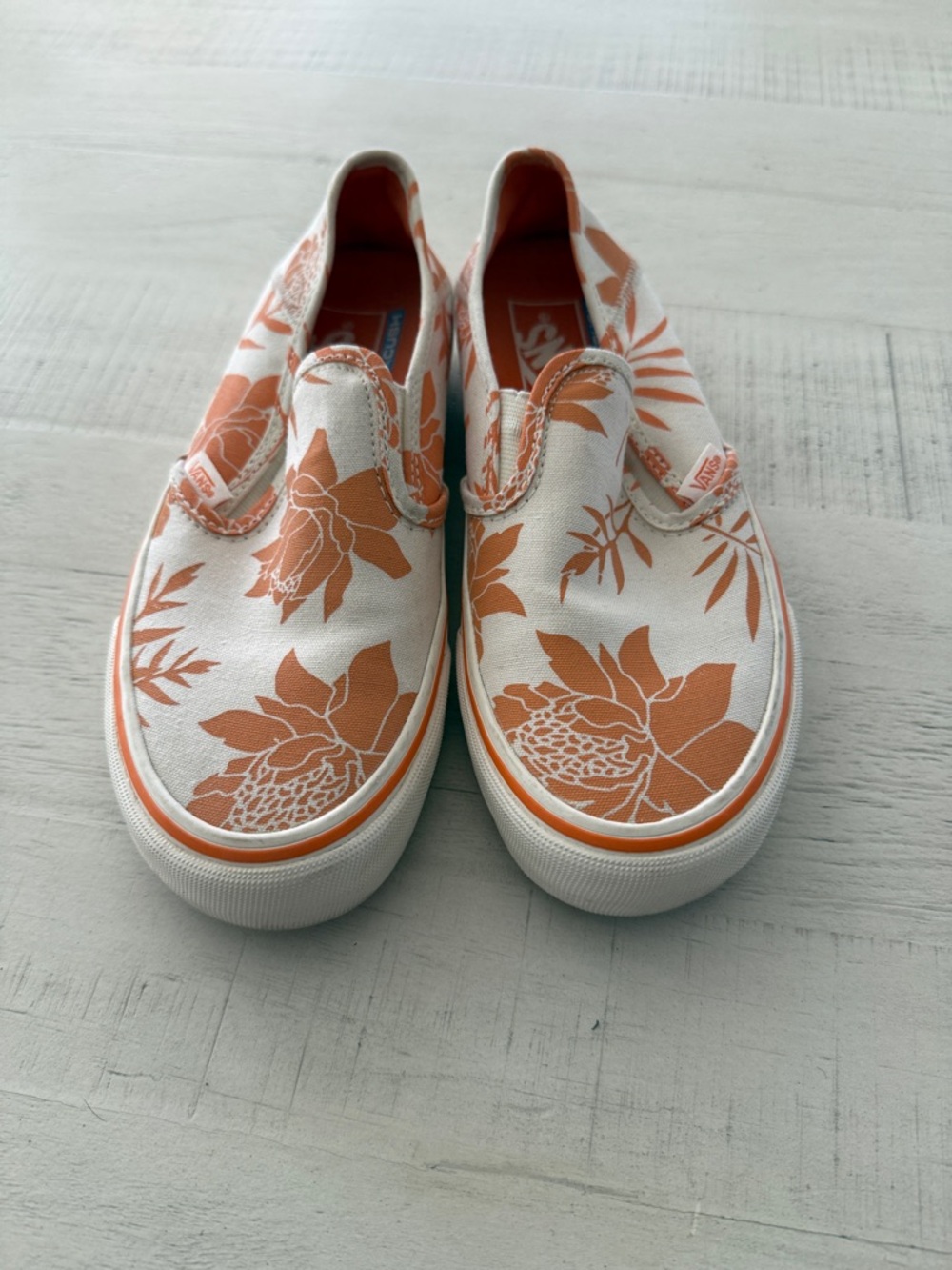 Vans White Canvas Slip-On Sneakers with Orange Floral Print